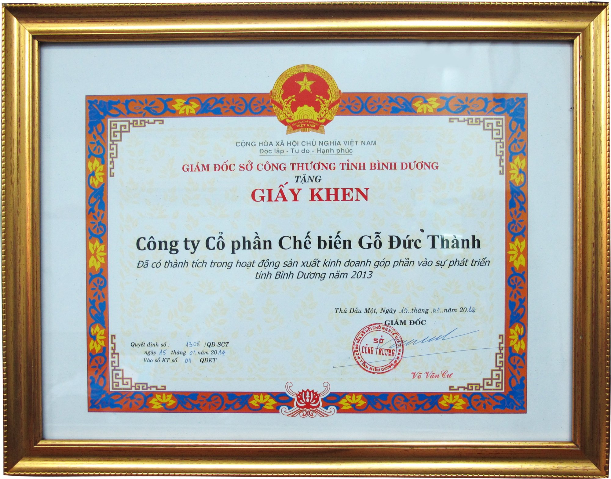 Sở công thương tỉnh BD tặng Giấy khen - 2013